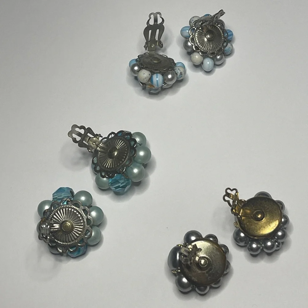 Vintage clip earrings marked Japan lot of 3 pairs blue beaded gold silver gift - Picture 12 of 15